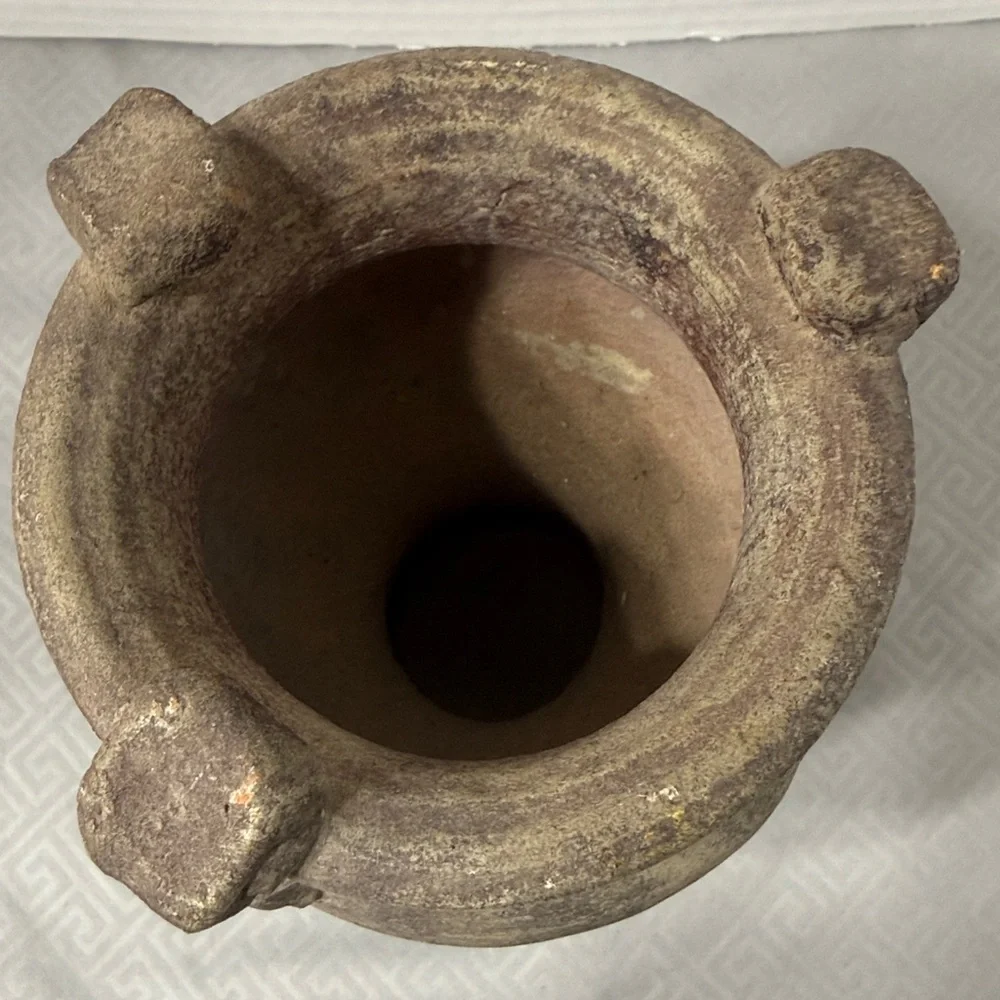Rustic Style Ceramic Pottery Vase Feather Motif Weathered Finish Loop Handles